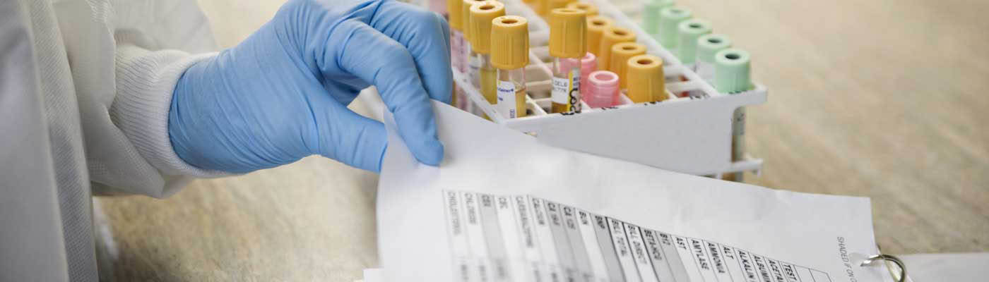Lab tech wearing gloves looks at paperwork